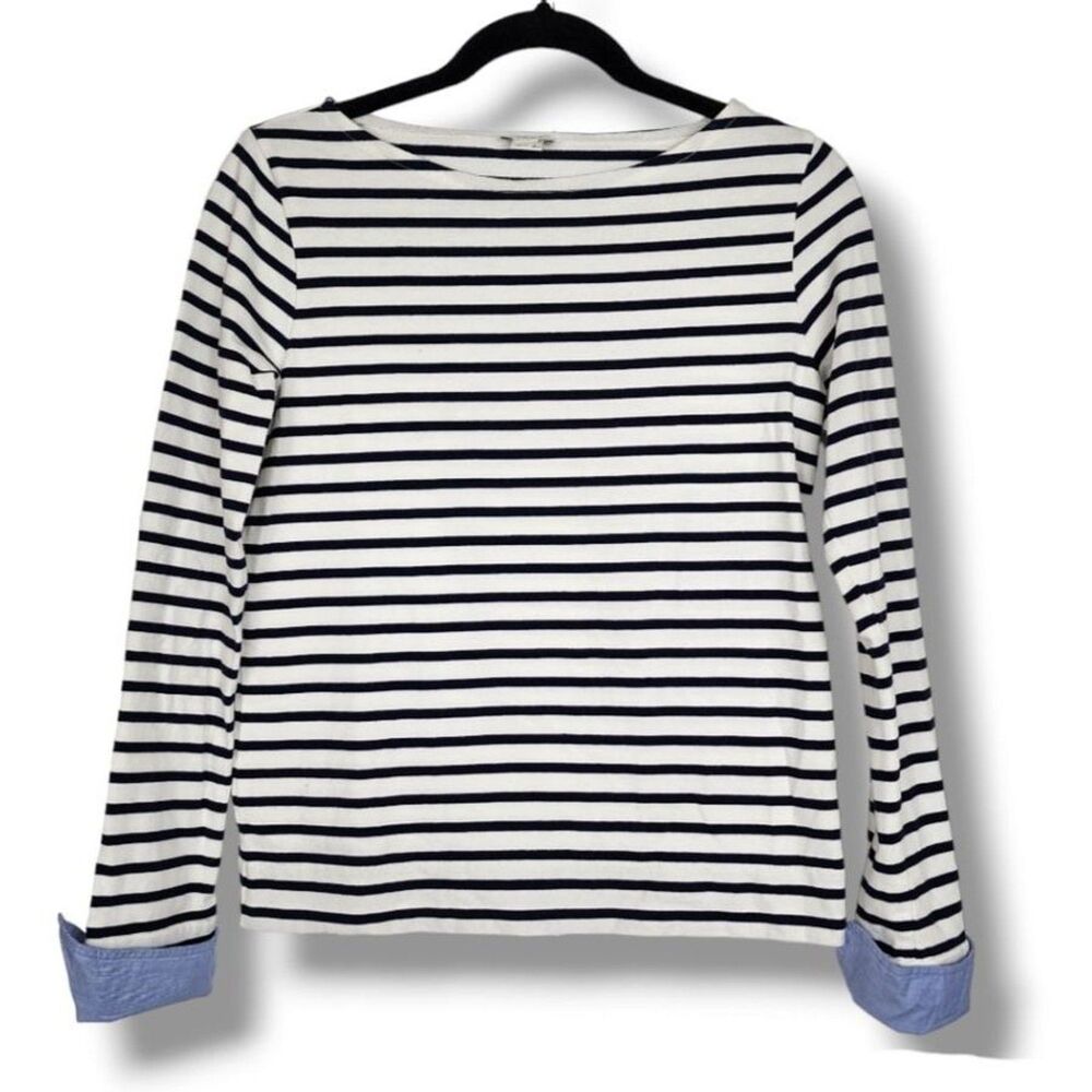 J.Crew Factory Striped Boatneck Top XXS Black White Blue Colorblock Cuffs